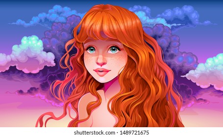 Girl with red hair and freckles in the sunset. Vector illustration