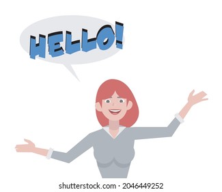 Girl with red hair in a gray sweater joyfully greets vector illustration