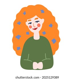 A girl with red hair in a green dress. Blue flowers in her hair.