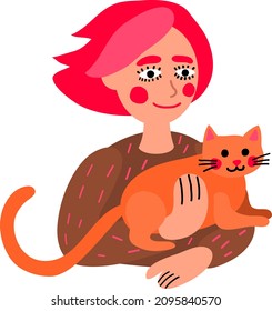 girl with red hair holds a cat in her arms.