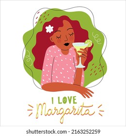 Girl with red hair holds margarita cocktail glass in her hand and abstract background with doodle objects. Lettering phrase i love margarita. Inspiration design for print, poster, menu