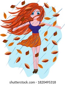 girl with red hair and huge blue eyes surrounded by yellow falling leaves and oblique rain. vector illustration