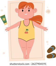 A girl with red hair lies on a beach towel in a cartoon style. She wears a swimsuit with a cherry motif, surrounded by sandals and sunscreen. Cartoon vector illustration.