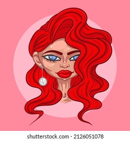 girl with red hair and red lips and blue eyes on pink background. Color stroke