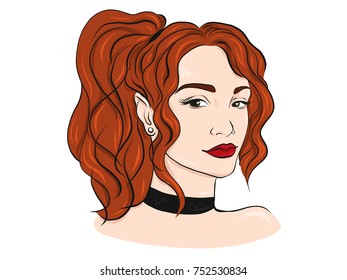 Girl with red hair and red lips. Style, Beauty and Fashion. Vector Illustration.