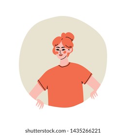 Girl with Red Hair Looking from Round Window Vector Illustration
