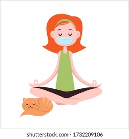 Girl with red hair meditates in a medical mask with a cat on a white background in vector graphics