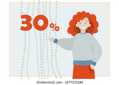 Girl with red hair on a discount card. Illustration for advertising banner, poster, flyer.
