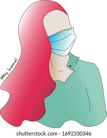 A girl with red hair, with the protective medical mask on her face and with the inscription "stay home!"