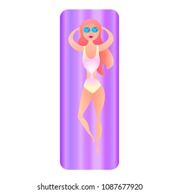 A girl with red hair, resting on an inflatable mattress, throwing her hands behind her head. Vector summer illustration in a flat style.