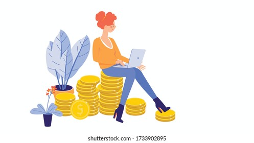 Girl with red hair sits on a pile of coin.
Concept of earning money as freelancer, investment and growth. Vector illsutration of a woman that has success in finance.