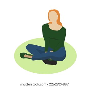 A girl with red hair sits on a green lawn and rests. The girl is wearing a green sweater and jeans. Vector image. Isolated on a white background. 