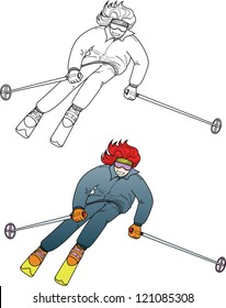 girl with red hair skiing, illustration in cartoon style, line-art and colored