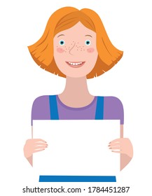 Girl with red hair smiles and holds a sheet of paper