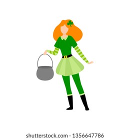 Girl with Red Hair Standing with Cauldron, Young Woman in Green Irish Costume Celebrating Saint Patrick Day Vector Illustration