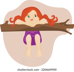 a girl with red hair tries to climb a tree and dangles her legs. Vector illustration with  details svg