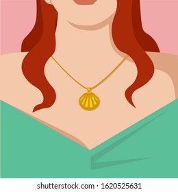 Girl with red hair in the turquoise top with the colden shell necklase on the pink background vector illustration 
