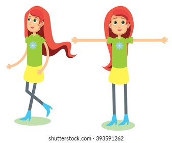 Girl with red hair. Girl walking. Girls stand. Girls for animation movie. Vector girl for animation cartoon. Animation, cartoon, girls, clothes, movie, life.  svg