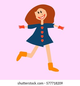 A girl with red hair is walking happy. Wearing red gloves, orange shoes and her buttons are looking like hearts