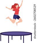 A girl with red hair wearing a red shirt and blue shorts leaps high on a trampoline, capturing a moment of excitement and joy in a playful atmosphere.