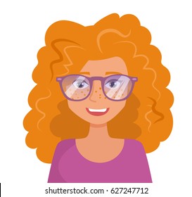 Girl with red hair wearing sunglasses. Student portrait. Isolated art on white background. Vector. Cartoon. Flat.