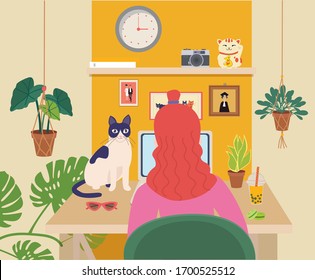 Girl with red hair works on her laptop in a cozy home,online learning . Homeshoring, Work from home concept. Modern flat illustration in modern colors.