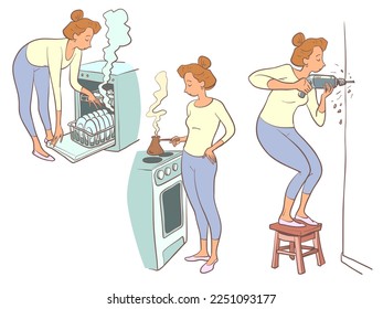 A girl with a red haircut prepares coffee and breakfast, uses a dishwasher and drills a wall with a drill. The home routine of a woman who is at home a lot.