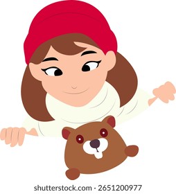 Girl in Red Hat with Beaver Toy peeking, happy Groundhog Day Predictor