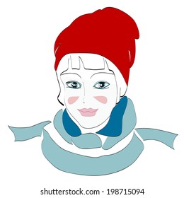 Girl in a red hat and blue scarf 