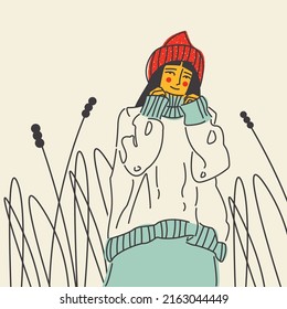 A girl in a red hat, sweater and skirt on the street. Vector stylish illustration, poster, postcard 