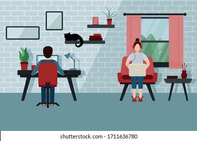 Girl in red headphones and guy with a laptops works from home. Girl on a red armchair and her boyfriend at the work table. Quarantine. Stay at home. Freelancer. Couple in isolation in the flat