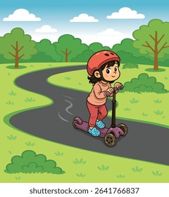 A girl in a red helmet, a peach sweater, red pants, and blue shoes is having fun on a three-wheeled purple scooter in the park.
