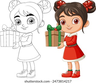 A girl in red holding a present