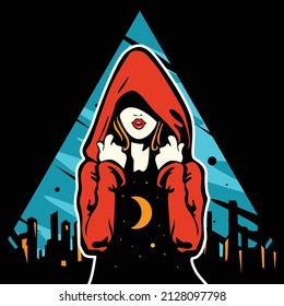 Girl in red hood on night city background