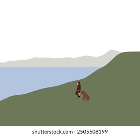 Girl in red hood standing and looking at ocean view with her dog on green mountain. Spend time with pet in nature.