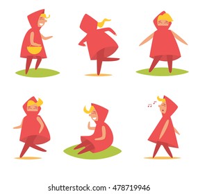 Girl in the red hood. Talking, singing, dancing, running, sitting, basket. Vector illustration. Cartoon character. Isolated.