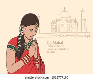 A girl in red Indian traditional costume is gathering her hands in front of the Taj Mahal. hand drawn style vector design illustrations.