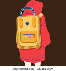 Girl in a red jacket with a yellow backpack.Back view. Back to school, college, education, learning concept. Hand drawn vector illustration	