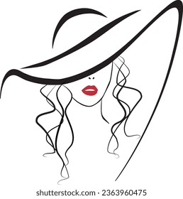 A girl with red lips in a big hat covering her face