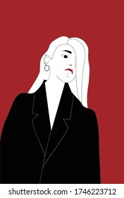 Girl with red lips and black jacket posing. Wearing earrings. Vector