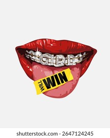 girl red lips with diamond brace and yellow sticker graphic vector illustration