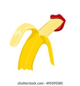   Girl red lips sexy eats a banana on white background. Sexy lips print. Red lips card. Hand drawing. Vector illustration.
