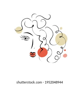Girl with red lipstick and curls line art drawing with abstract shape and color spots and circles. Art design minimal and wall art. Vector illustration.