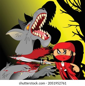 Girl in a red mask fighting with a werewolf, illustration