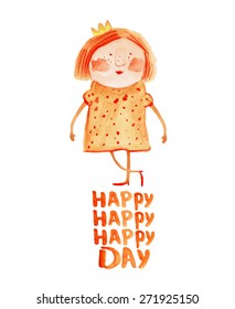 Girl red in polka dot dress and crown. Princess. Vector