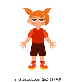 girl with red ponytails, wearing a red t-shirt, brown shorts and red sneakers, with a neutral expression.