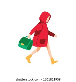 Girl in red raincoat walking with bag. Autumn or spring season, rainy weather concept. Side view of teenage girl walking on nature flat vector illustration