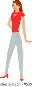 girl with red shirt and blue pants on a white background