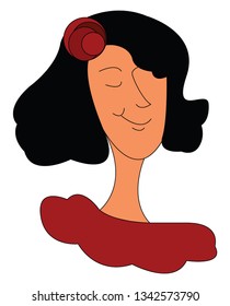 Girl in red shirt with dark hair and red flower vector illustration on white background 