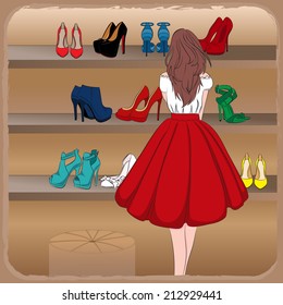Girl in red skirt shopping shoes in boutique